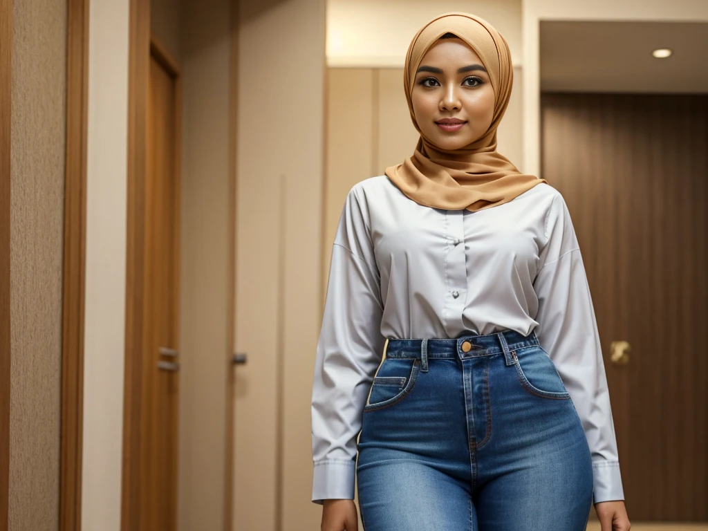 A Indonesian hijab female, I'm wearing jeans and shirt." in hospital, I'm a doctor. It emphasizes realism in every detail of the image, especially in the eyes. This official art Unreal 8k wallpaper a very detailed, beautiful, aesthetic masterpiece and of the highest quality. The use of dynamic angles shows the elegance and romanticism of the image. This character has big breasts, ((small head:1.2)) ((big breast:1.1)) ((hijab))"