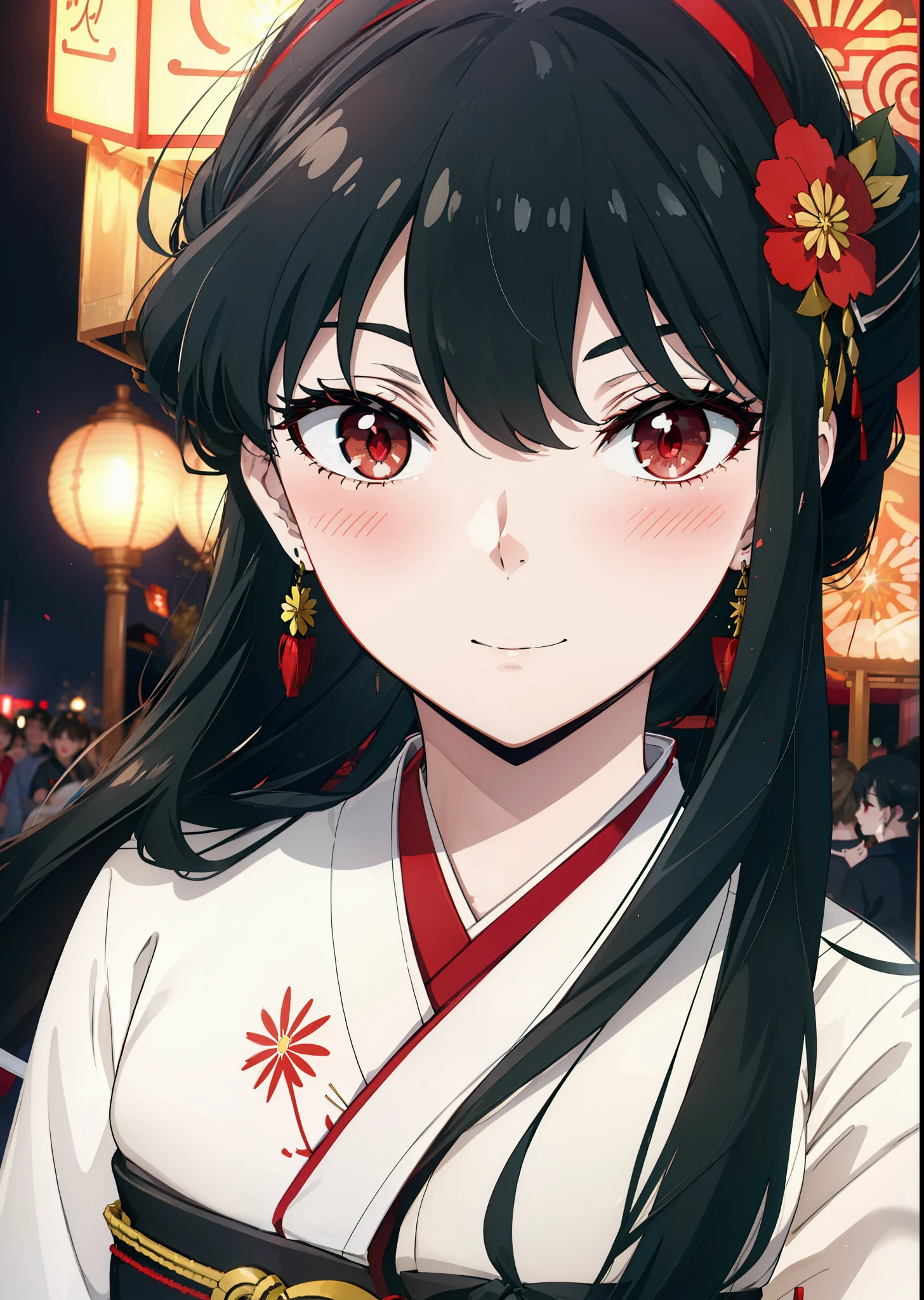 Yorbraia, Yor Briar, Black Hair, (Red eyes:1.5), Earrings, gold hair band, hair band,,smile,blush, Long Hair, Side Lock, (Mid-chest:1.2),Flower Hair Ornaments,black kimono,The place is a fireworks display,Time is night,Japanese Festivals，Summer festival food stalls、Red lantern　　　　　　　break　outdoors,shrine,
break looking at viewer, whole body,
break (masterpiece:1.2), Highest quality, High resolution, unity 8k wallpaper, (shape:0.8), (Beautiful attention to detail:1.6), Highly detailed face, Perfect lighting, Extremely detailed CG, (Perfect hands, Perfect Anatomy),