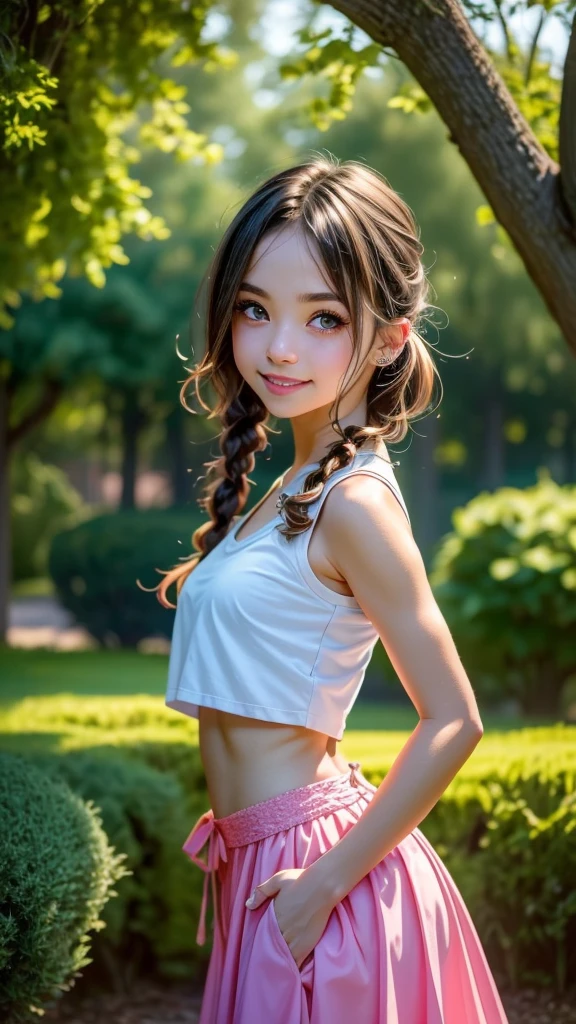 create a visually stunning and detailed artwork featuring a teenage anime girl as the central focus. The girl should have twin tails and be dressed in a stylish outfit consisting of a pastel pink top that exposes her midriff and a light blue skirt. Her expression should exude cheerfulness and playfulness, with a slight smile and bright, sparkling eyes. Pose her standing confidently with one hand on her hip and the other raised to her face in a playful gesture, perhaps as if she's about to wink or blow a kiss.The background setting should depict a vibrant and bustling park scene on a sunny day. Include lush trees, lush greenery, and colorful flowers to create a lively and inviting atmosphere. Ensure that the sunlight filters through the trees, casting dappled patterns on the ground, and add additional elements such as fluttering leaves or birds flying overhead to enhance the dynamic nature of the scene.For the color scheme, use pastel pink for the top, light blue for the skirt, and render her hair in a luxurious golden blonde with subtle highlights for added depth. Ensure that the colors are vibrant and harmonious, adding to the overall charm and appeal of the artwork.Lastly, pay careful attention to composition and framing, ensuring that the anime girl is positioned centrally in the artwork to emphasize her as the main subject. Utilize creative angles and perspectives to add visual interest and depth to the scene, making it truly captivating and immersive.