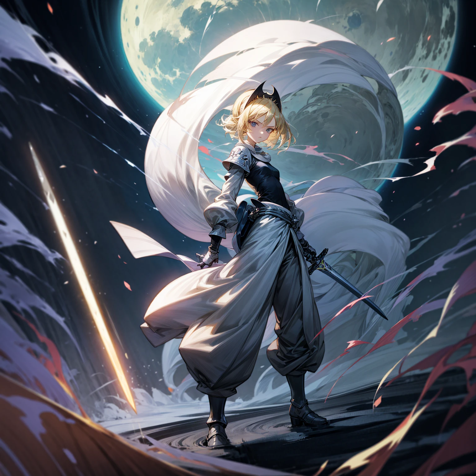 1girl, Full body version, 1character, black eyes, long Frizzy haircut, blonde colour hair, soldier knight clothing, long pants, headband, armors, boots, Grassroots, full background in field, motion blur, lighting, (one piece art), standing poses, sword in hand, lighting effect on sword, lighting blue on sword, fire effect, plasma effect, smoke effect moon, Moonlight, high angle view
