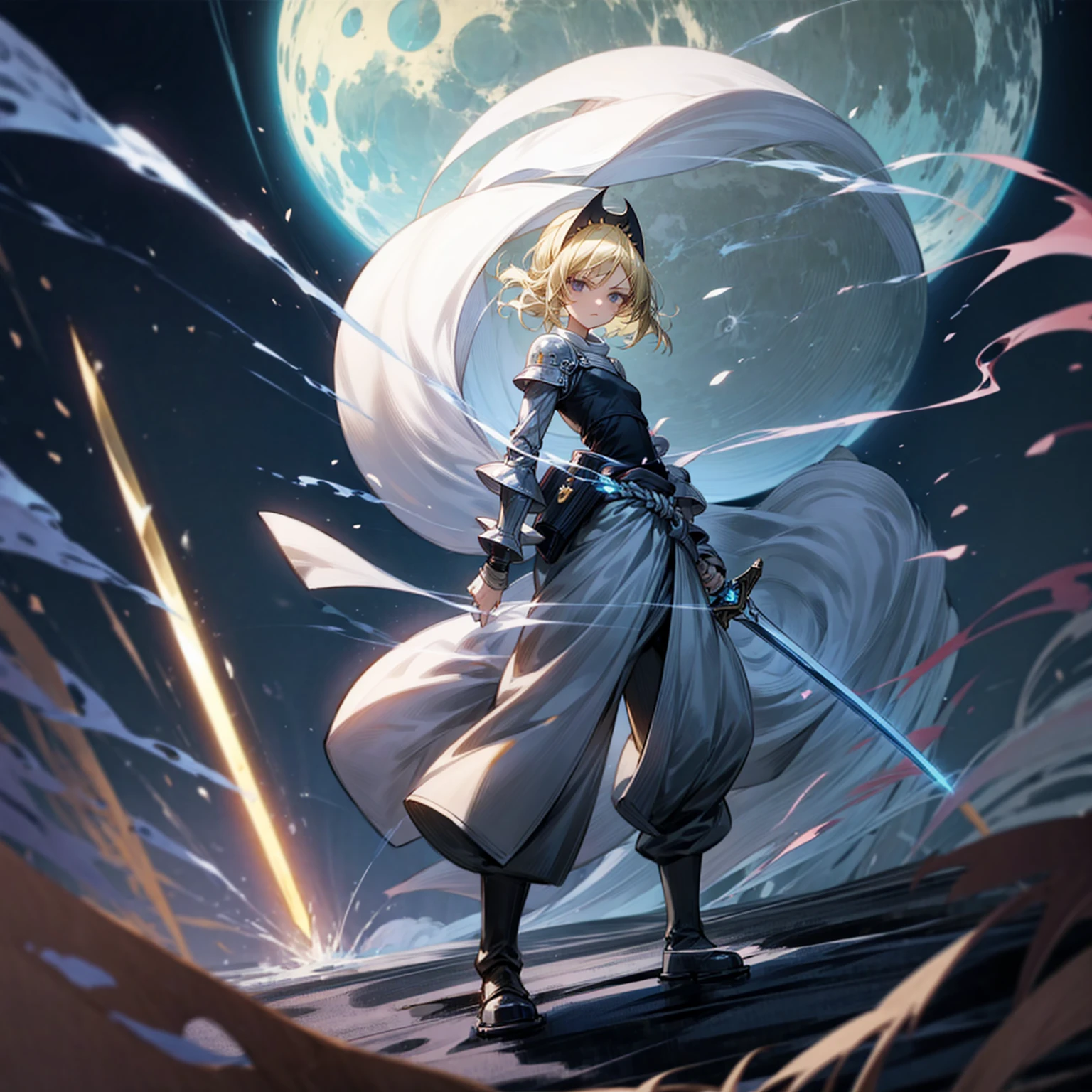 1girl, Full body version, 1character, black eyes, long Frizzy haircut, blonde colour hair, soldier knight clothing, long pants, headband, armors, boots, Grassroots, full background in field, motion blur, lighting, (one piece art), standing poses, sword in hand, lighting effect on sword, lighting blue on sword, fire effect, plasma effect, smoke effect moon, Moonlight, high angle view