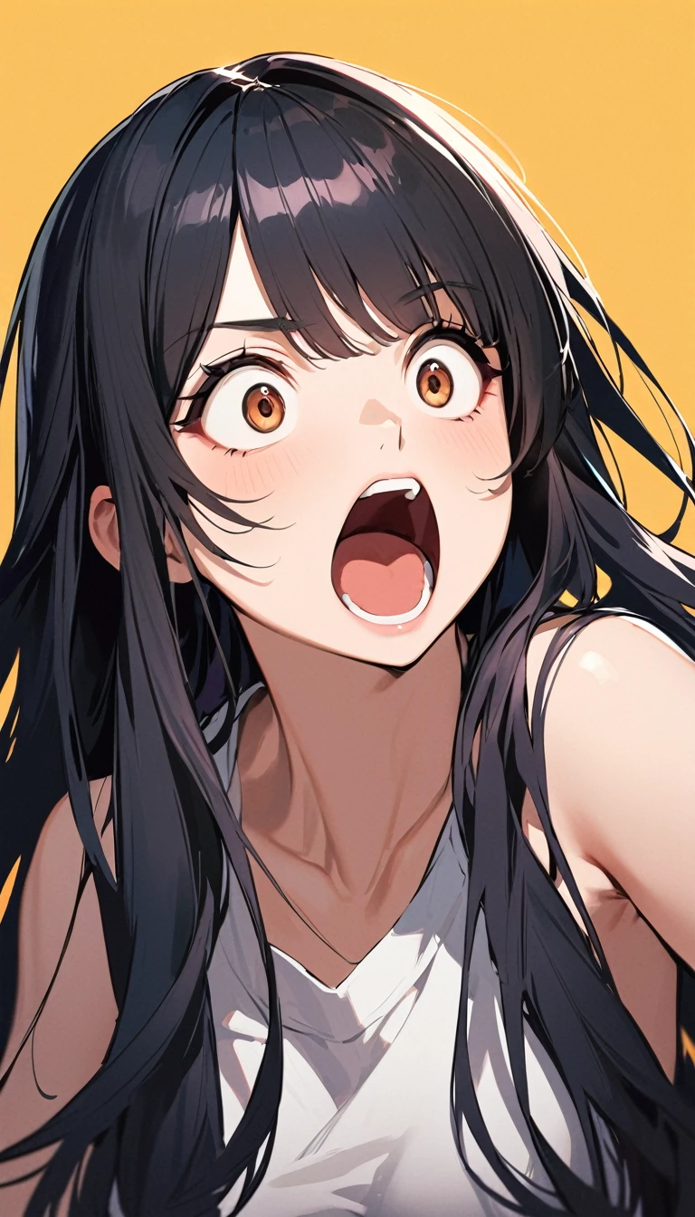 modern, Verism, masterpiece, textured skin, super detail, best quality, 4K , A beautiful woman, black hair, long hair, She has his mouth wide open, showing a very surprised expression.
