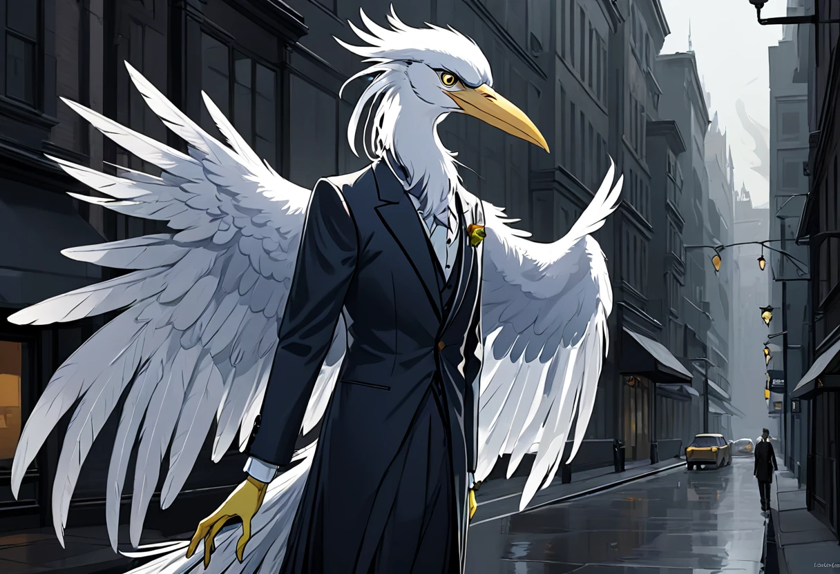 Male, 40 years old, adult man, tall, very tall, very slender, slender, thin, slim, very slender, avian, anthro, avian character, one man, bird, white bird, white body, white feathers, fully white feathers, white feathers hair, feather tail, long white beak, wings as arms, feather fingers, elegant, yellow eyes, dark face feathers, stern, severe, unhappy, evil, urban background, portrait format, heron, straight beak, tired, leader, mayor,
