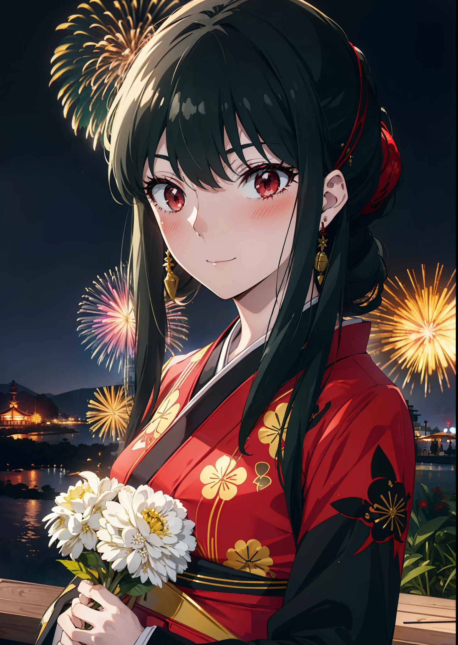 Yorbraia, Yor Briar, Black Hair, (Red eyes:1.5), Earrings, gold hair band, hair band,,smile,blush, Long Hair, Side Lock, (Mid-chest:1.2),Flower Hair Ornaments,black kimono,The place is a fireworks display,Time is night,Japanese Festivals，Summer festival food stalls、Red lantern　　　　　　　break　outdoors,shrine,
break looking at viewer, whole body,
break (masterpiece:1.2), Highest quality, High resolution, unity 8k wallpaper, (shape:0.8), (Beautiful attention to detail:1.6), Highly detailed face, Perfect lighting, Extremely detailed CG, (Perfect hands, Perfect Anatomy),