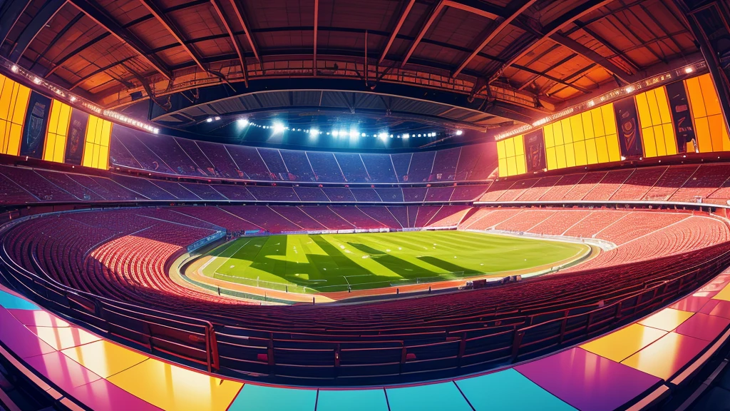 battle arena, stadium, wide view, fisheye effect, vibrant color, art work, HD quality