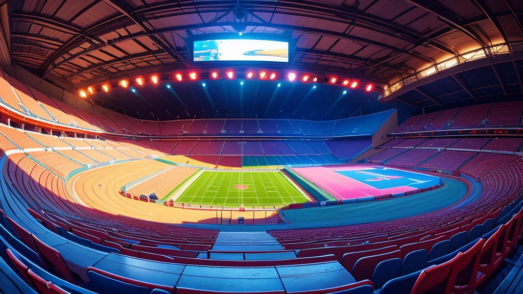 battle arena, stadium, wide view, fisheye effect, vibrant color, art work, HD quality