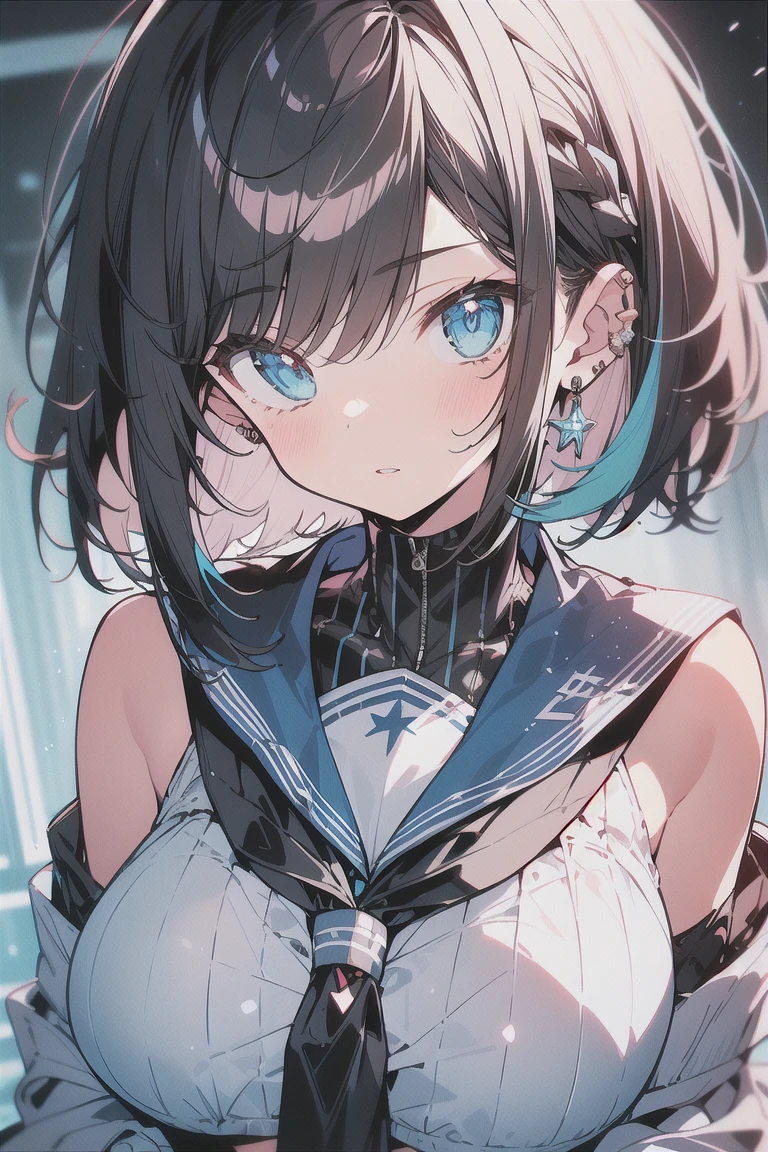 (best quality), (Super detailed), (Best Illustration), (masterpiece), score_9, score_8_up, score_7_up, (4k), (1woman), (white serafuku), (large breasts), {brown hair, (sideburns), (bob cut:1.3), curly hair, hairs between eyes, colored inner hair}, blue eyes, parted lips, expressionless, blush, earring, cyber city