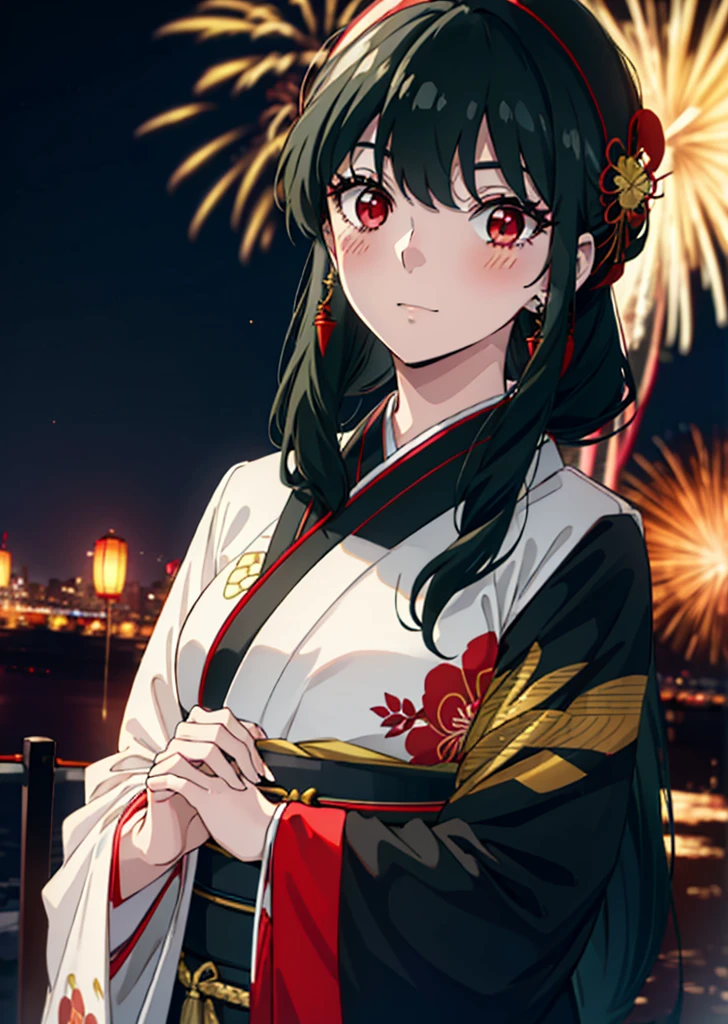 Yorbraia, Yor Briar, Black Hair, (Red eyes:1.5), Earrings, gold hair band, hair band,,smile,blush, Long Hair, Side Lock, (Mid-chest:1.2),Flower Hair Ornaments,black kimono,The place is a fireworks display,Time is night,Japanese Festivals，Summer festival food stalls、Red lantern　　　　　　　break　outdoors,shrine,
break looking at viewer, whole body,
break (masterpiece:1.2), Highest quality, High resolution, unity 8k wallpaper, (shape:0.8), (Beautiful attention to detail:1.6), Highly detailed face, Perfect lighting, Extremely detailed CG, (Perfect hands, Perfect Anatomy),