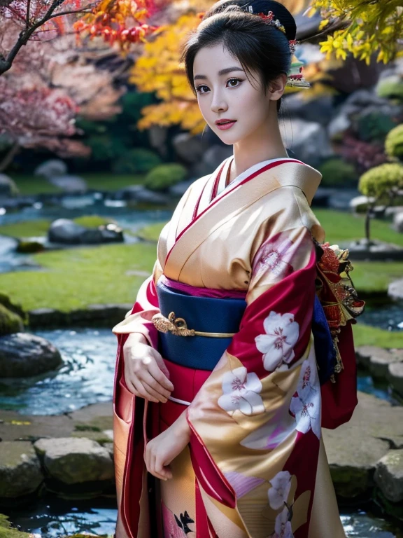 (Highest quality、 8k 、masterpiece、High resolution)、 Japanese painting、Vibrant colors、A woman wearing a kimono、Ample breasts、(Highly detailed face and eyes,Beautiful Face,Beautiful Eyes,Beautiful nose,Pretty lips)、Dynamic painting technique、Japanese garden、Autumn scenery、autumn leaves、Night Sky、moonlight、Detailed Description、