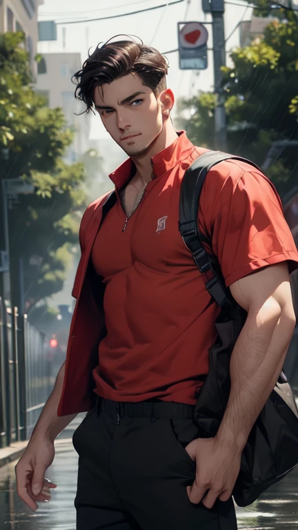 1 Guy,background red,absurderes,Masterpiece artwork,high resolution,intrincately detailed,a homosexual man,sensuous,muscular,strutting plein-air,beautiful eyes,face detailed,torrential rain,plein-air,Global illumination,underground dispersal, further from the bottom 