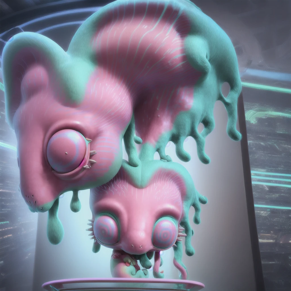 creature look like pink and blue heart with green tail, mouse body mix with larva, cosmic horror creature, hyper detailed pink alien, alien creature, cute little creature, weird alien creature, an anthropomorphic mouse, face, a pale alien cultist, giant ears, left side of the ear melted, huge head