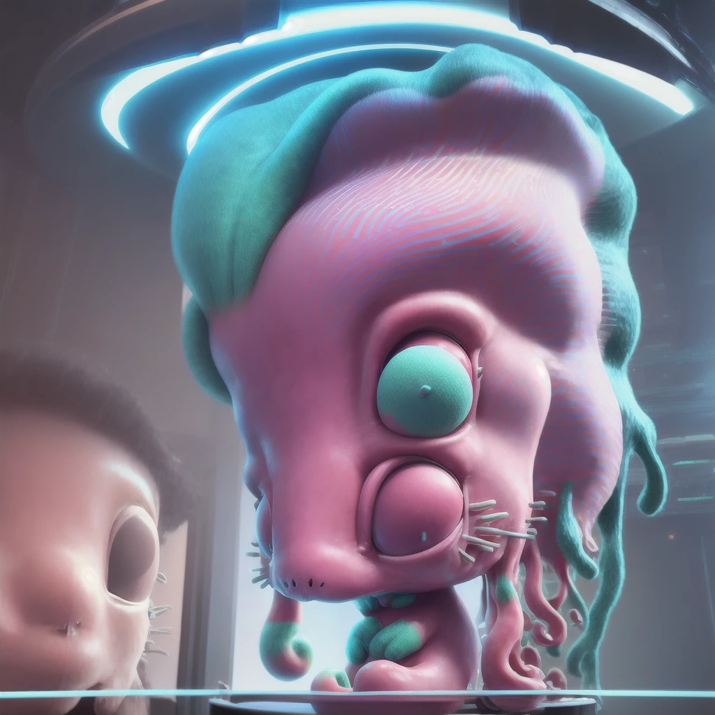 creature look like pink and blue heart with green tail, mouse body mix with larva, cosmic horror creature, hyper detailed pink alien, alien creature, cute little creature, weird alien creature, an anthropomorphic mouse, face, a pale alien cultist, giant ears, left side of the ear melted, huge head