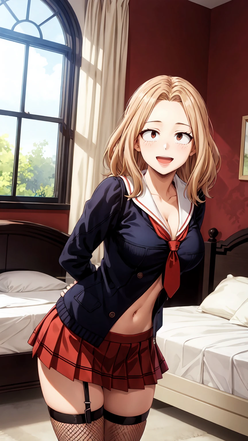 Masterpiece ,best quality , high resolution , ultra detail , (1 girl solo:1.3) , (Camie , brown hair , brown eyes) , (wear sailor , tie , thigh strap , miniskirt , fishnet stockings , Fishnet socks) , belly m navel , (standing:1.25) , (cleavage:1.3) , (medium breast:1.3) , ( full face blush , shy , smile , open mouth) , (arms behind back , hands behind back) , (indoor, bedroom, windows , bed ) , (face view , look at view , front view , stanging , cowboy_shot) , (wide angle , ultra detail eyes , perfect face , ultra detailed hair and face) , 