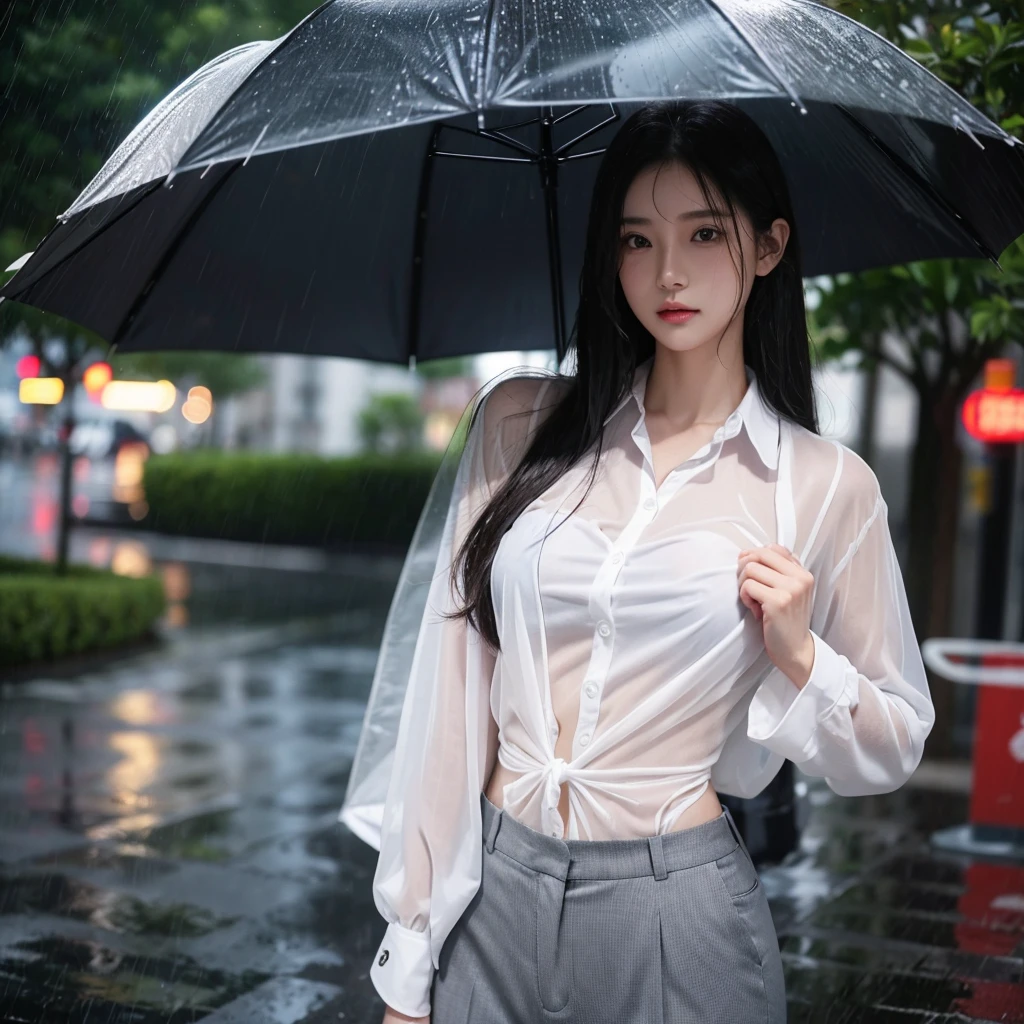 Hair getting wet in the rain、Transparent shirt、Beautiful woman getting wet in the rain、typhoon、Get wet without an umbrella、Beautiful woman in the rain、雨で濡れたBeautyOL、Detailed face、Realistic、beautiful girl、Beauty、Office Lady Uniform、beauty、Beautiful woman、Narrow waist、Handsome woman、Tight pants look、suit、Sexy pose、タイトなsuitパンツ、雨で濡れたsuit、Wet shirt、See-through shirt、Shot in heavy rain、See-through underwear