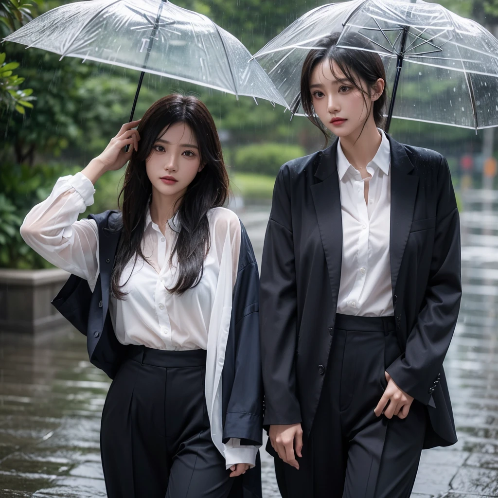 Hair getting wet in the rain、Transparent shirt、Beautiful woman getting wet in the rain、typhoon、Get wet without an umbrella、Beautiful woman in the rain、雨で濡れたBeautyOL、Detailed face、Realistic、beautiful girl、Beauty、Office Lady Uniform、beauty、Beautiful woman、Narrow waist、Handsome woman、Tight pants look、suit、Sexy pose、タイトなsuitパンツ、雨で濡れたsuit、Wet shirt、See-through shirt、Shot in heavy rain、See-through underwear