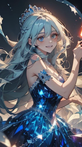 A princess laughing joyfully, detailed face, blue eyes, bioluminescent red dress, very long hair, flying hair, magical, high resolution, masterpiece