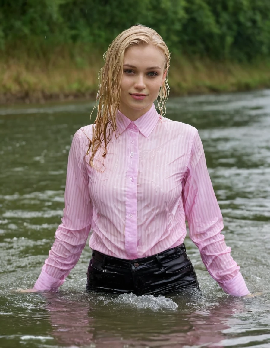 (heavy rain), perfect photo of a beautiful blonde woman, (wet hair:1.3), (emerging out from water:1.3), she proudly wears her (wet pink pinstriped satin shirt:1.3) buttoned to the top, with (long sleeves that extends to her wrists), as she feels the collar of her shirt, (in a river), (only head and shoulders visible on the water:1.4), partially submerged, (kinkily smirking directly at camera with an (aroused expression from being soaking wet), inviting you in), (her black trousers are visible under the water), photographed on a Fujifilm XT3, 80mm F/1.7 prime lens, cinematic film still, cinestill 500T, highly detailed, masterpiece, highest quality, intricately detailed, HDR, 16k, uhd, photorealistic