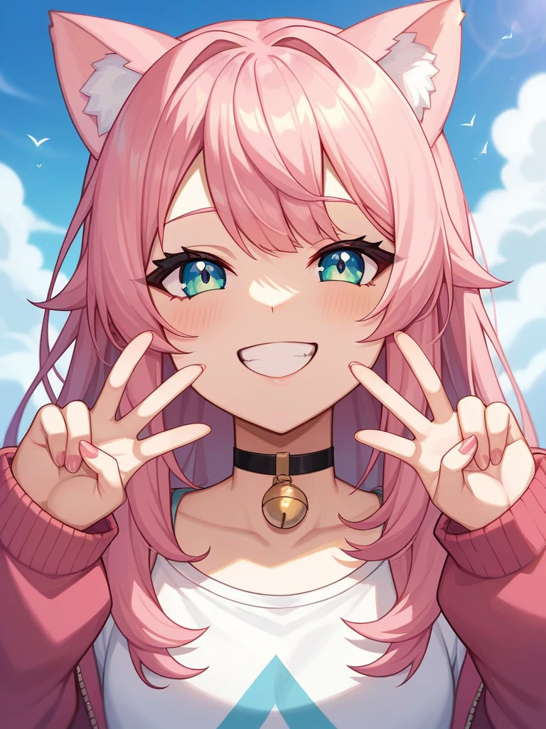 Adult, Female, long pink hair, smiling peace sign, vtuber, otaku bedroom, Masterpiece, Accurate, Anatomically Correct, Best Quality, High Details, Detail, Super Detailed, Best detail, Perfect detail, Amazing detail, [-3, 3], perfect hands, best hands, best fingers, perfect fingers, perfect body, best body, amazing body, Looking at viewer, front facing, upper body shot, Cat Ears, Close-Up, 