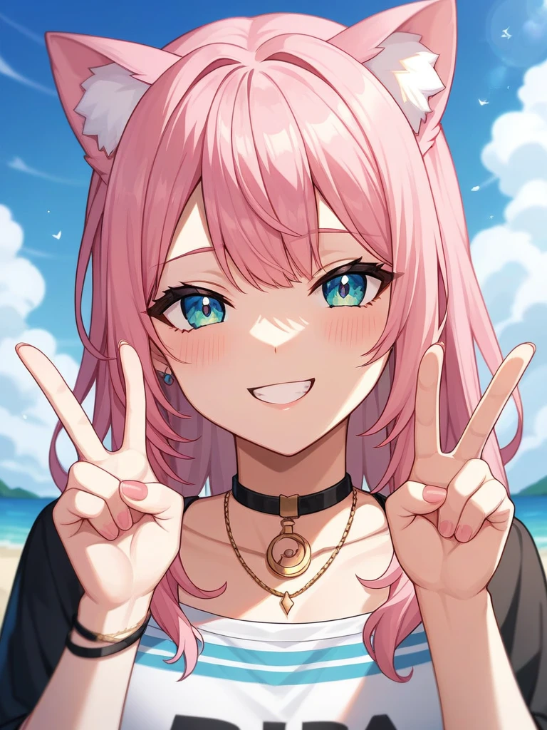 Adult, Female, long pink hair, smiling peace sign, vtuber, otaku bedroom, Masterpiece, Accurate, Anatomically Correct, Best Quality, High Details, Detail, Super Detailed, Best detail, Perfect detail, Amazing detail, [-3, 3], perfect hands, best hands, best fingers, perfect fingers, perfect body, best body, amazing body, Looking at viewer, front facing, upper body shot, Cat Ears, Close-Up, 