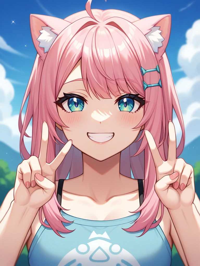Adult, Female, long pink hair, smiling peace sign, vtuber, otaku bedroom, Masterpiece, Accurate, Anatomically Correct, Best Quality, High Details, Detail, Super Detailed, Best detail, Perfect detail, Amazing detail, [-3, 3], perfect hands, best hands, best fingers, perfect fingers, perfect body, best body, amazing body, Looking at viewer, front facing, upper body shot, Cat Ears, Close-Up, 