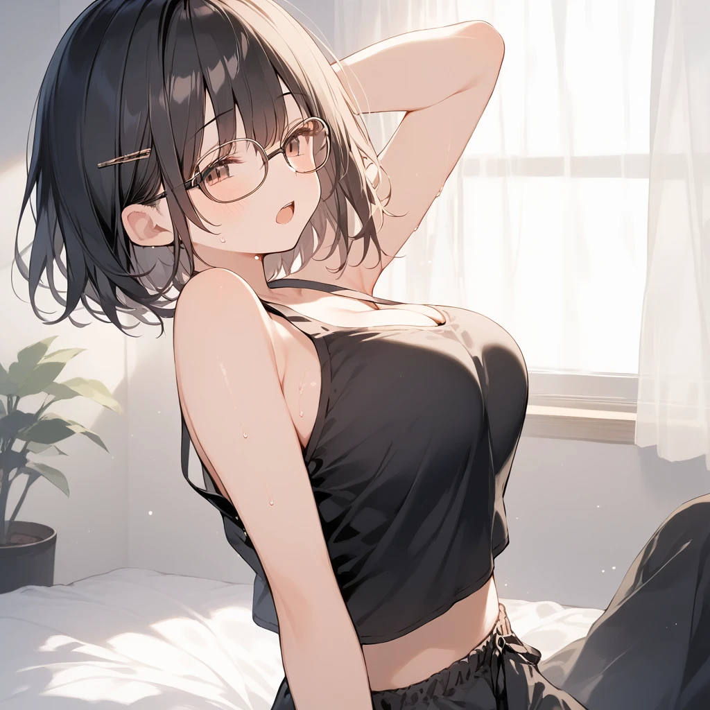score_9, score_8_up, score_7_up, source_anime, best quality, masterpiece, official art, absurdres, highres, ultra-detailed,waifu2x,Collection: Slice of Life,break,1girl,  short hair, pajama, glasses, bra, underwear, cleavage, large breasts, beautiful detailed eyes, sweat, open mouth, yawn, sit, stretching, sleepily, indoors, bed, break,(clear line illustration:1.2), super detailed skin,very high resolution, very aesthetic, Best sexual lighting powered by famous artist, 8k,cute picture,beauty illustration,photoshop_(medium),,(Detailed Lighting),best anime 8k konachan wallpaper, pixiv contest winner, 