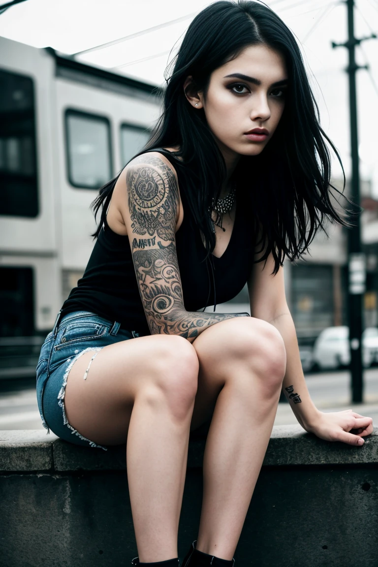 a beautiful 18 year old slim and sexy woman, emo girl, black dress, denim shorts, detailed face, long eyelashes, intricate makeup, moody expression, cinematic composition, grungy urban environment