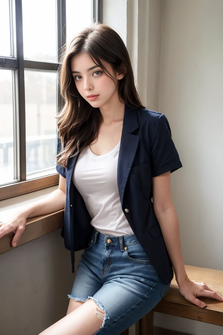 une femmes brunette de 18 ans sexy et mince , short sleeve veste en jean , salle de classe, se touche,position sey,sensuel