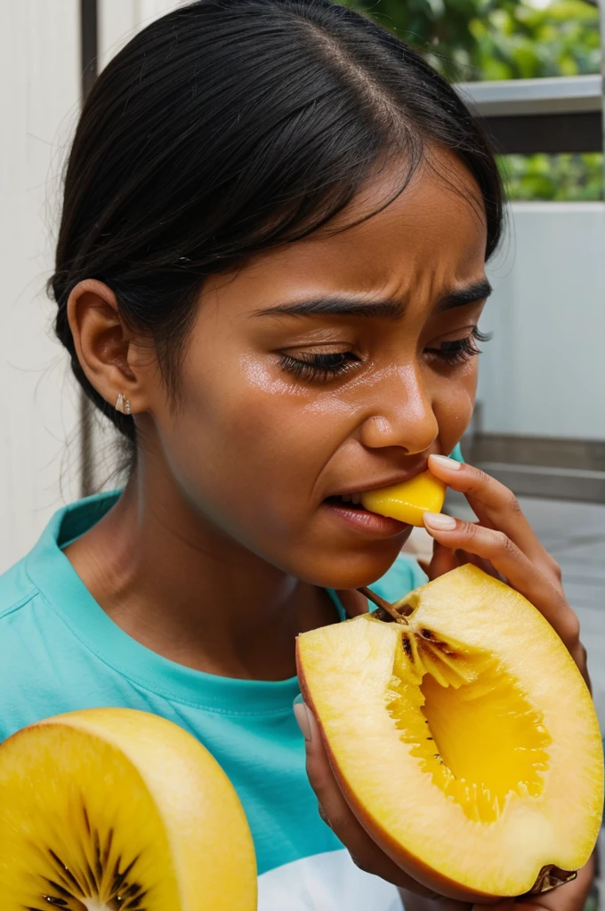 A photo in which a person is seen crying while eating a mango.