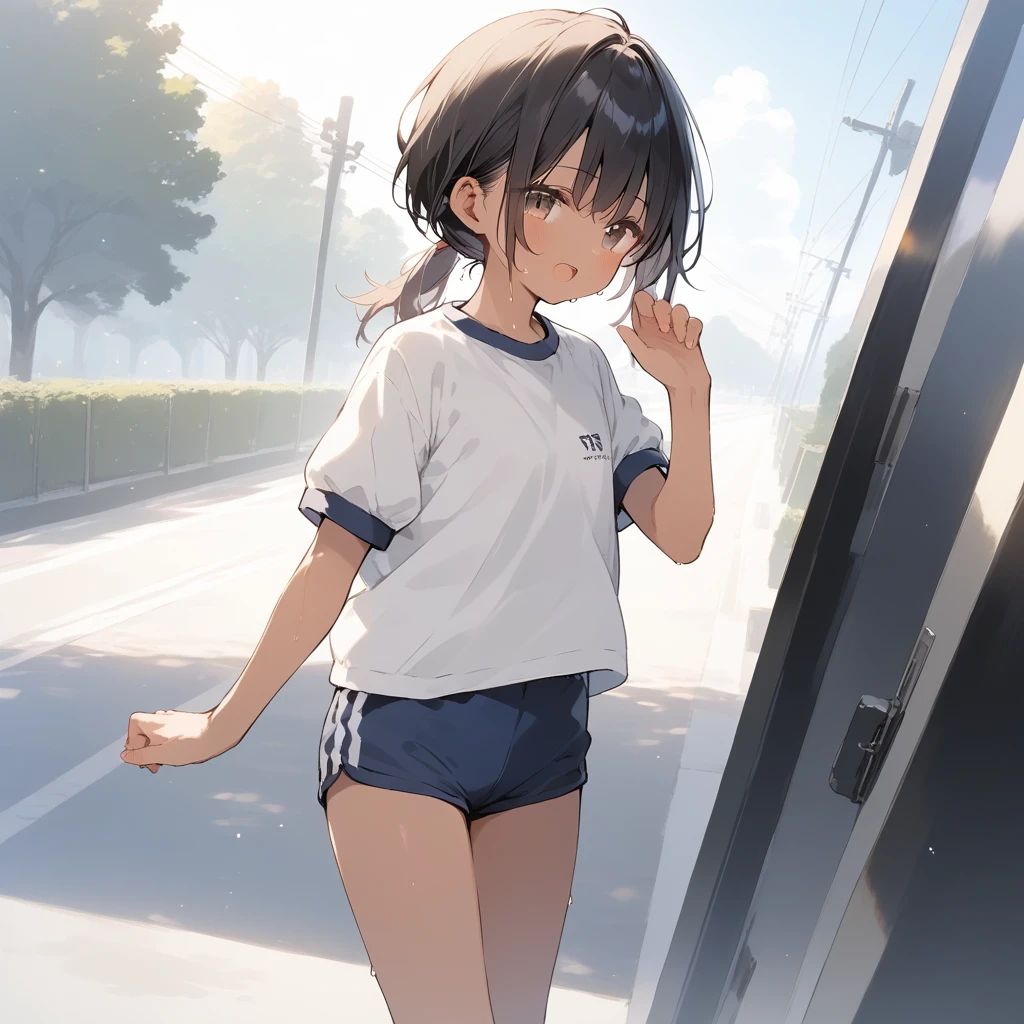 score_9, score_8_up, score_7_up, source_anime, best quality, masterpiece, official art, absurdres, highres, ultra-detailed,waifu2x,Collection: Slice of Life,break,1girl, tomboy, dark-skinned female, short hair, low ponytail, flat chest, beautiful detailed eyes, gym uniform, gym shorts, sweat, open mouth, (yawn:0.3), sleepily, outdoors, park, wind,break,(clear line illustration:1.2), super detailed skin,very high resolution, very aesthetic, Best sexual lighting powered by famous artist, 8k,cute picture,beauty illustration,photoshop_(medium),,(Detailed Lighting),best anime 8k konachan wallpaper, pixiv contest winner, 