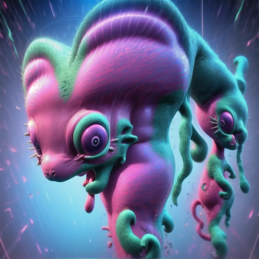 creature look like pink and blue heart with green tail, mouse body mix with larva, cosmic horror creature, hyper detailed pink alien, alien creature, cute little creature, weird alien creature, an anthropomorphic mouse, face, a pale alien cultist, giant ears, left side of the ear melted, huge head