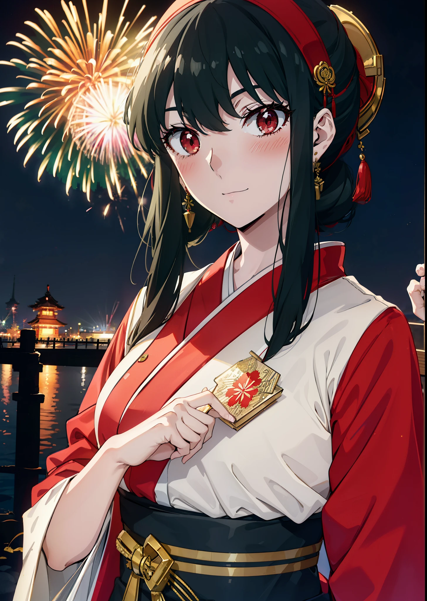 Yorbraia, Yor Briar, Black Hair, (Red eyes:1.5), Earrings, gold hair band, hair band,,smile,blush, Long Hair, Side Lock, (Mid-chest:1.2),Flower Hair Ornaments,black kimono,The place is a fireworks display,Time is night,Japanese Festivals，Summer festival food stalls、Red lantern　　　　　　　break　outdoors,shrine,
break looking at viewer, whole body,
break (masterpiece:1.2), Highest quality, High resolution, unity 8k wallpaper, (shape:0.8), (Beautiful attention to detail:1.6), Highly detailed face, Perfect lighting, Extremely detailed CG, (Perfect hands, Perfect Anatomy),