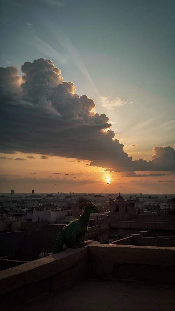 Sky picture, rajasthan Sunset, india, instagram story material, aesthetic, clouds, birds, show less sky with large green dragon across the clouds