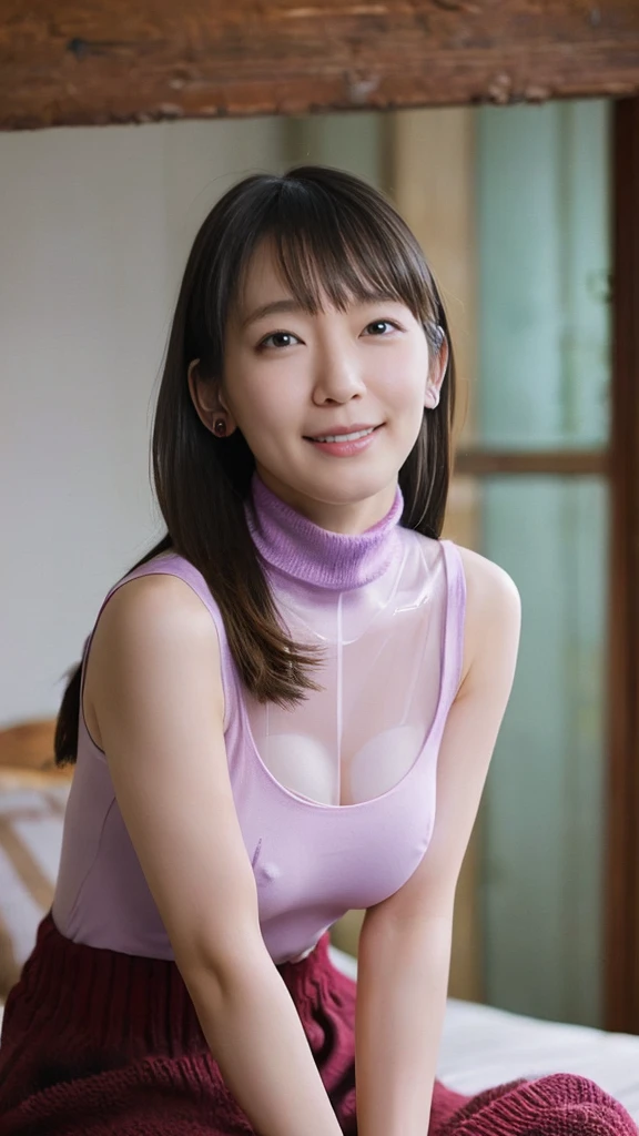 1female,beauty,Beautiful Face,Detailed face、10th Generation、smile、(An embarrassed look with blushing cheeks:1.35)、Crouch down and observe the audience,A dignified appearance、((Plump Style))、(Heavy, sagging breasts:1.5),(Sleeveless knitted turtleneck:1.4)，Grey clothes、(translucent:1.5),(Cleavage:1.35),Thighs, thighs, thighoderate wrinkles on the skin、Sweating、Front view,Ultra-realistic,Ultra-high resolution,highest quality,8k,masterpiece，(Shot in bed:1.3)、(((full nude)))
、