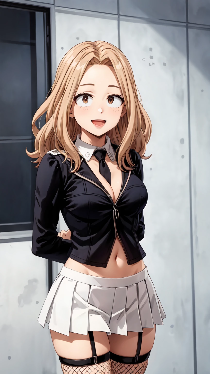 Masterpiece ,best quality , high resolution , ultra detail , (1 girl solo:1.3) , (Camie , brown hair , brown eyes) , (wear sailor , tie , thigh strap , miniskirt , fishnet stockings , Fishnet socks) , belly m navel , (standing:1.25) , (cleavage:1.3) , (medium breast:1.3) , ( full face blush , shy , smile , open mouth) , (arms behind back , hands behind back) , (face view , look at view , front view , stanging , cowboy_shot) , (wide angle , ultra detail eyes , perfect face , ultra detailed hair and face) ,