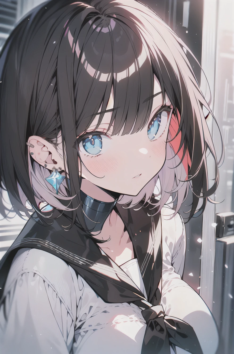 (best quality), (Super detailed), (Best Illustration), (masterpiece), score_9, score_8_up, score_7_up, (4k), (1woman), (white serafuku), (large breasts), {brown hair, (sideburns), (bob cut:1.3), curly hair, hairs between eyes, colored inner hair},  blue eyes, parted lips, expressionless, blush, earring, cyber city
