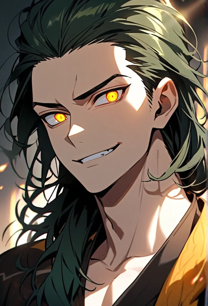 Handsome, solo, 1 man, dark green hair, yellow eyes, 1 man, handsome, male, long hair, detailed, Hair Slicked Back, Messy Hair, Hair Over Shoulder, Glowing Light, Bright Pupils, Smirk, Wide-Eyed, Evil Smile, Amber Eyes,