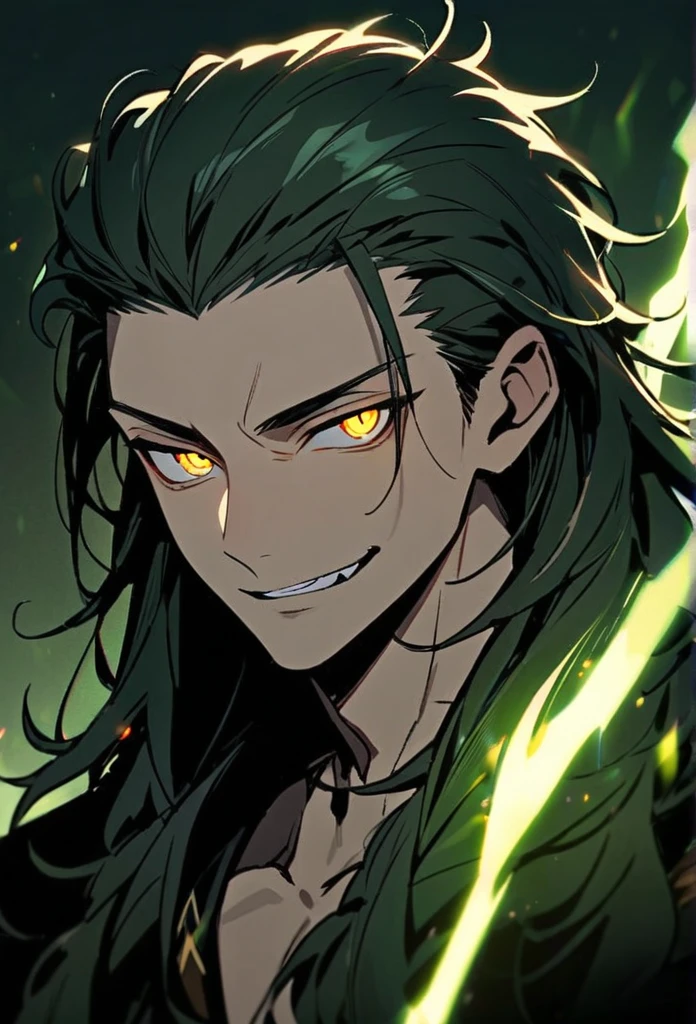 Handsome, solo, 1 man, dark green hair, yellow eyes, 1 man, handsome, male, long hair, detailed, Hair Slicked Back, Messy Hair, Hair Over Shoulder, Glowing Light, Bright Pupils, Smirk, Wide-Eyed, Evil Smile, Amber Eyes, 