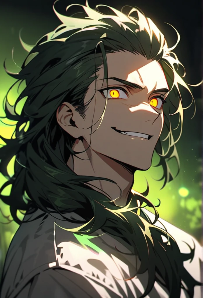 Handsome, solo, 1 man, dark green hair, yellow eyes, 1 man, handsome, male, long hair, detailed, Hair Slicked Back, Messy Hair, Hair Over Shoulder, Glowing Light, Bright Pupils, Smirk, Wide-Eyed, Evil Smile, Amber Eyes, 