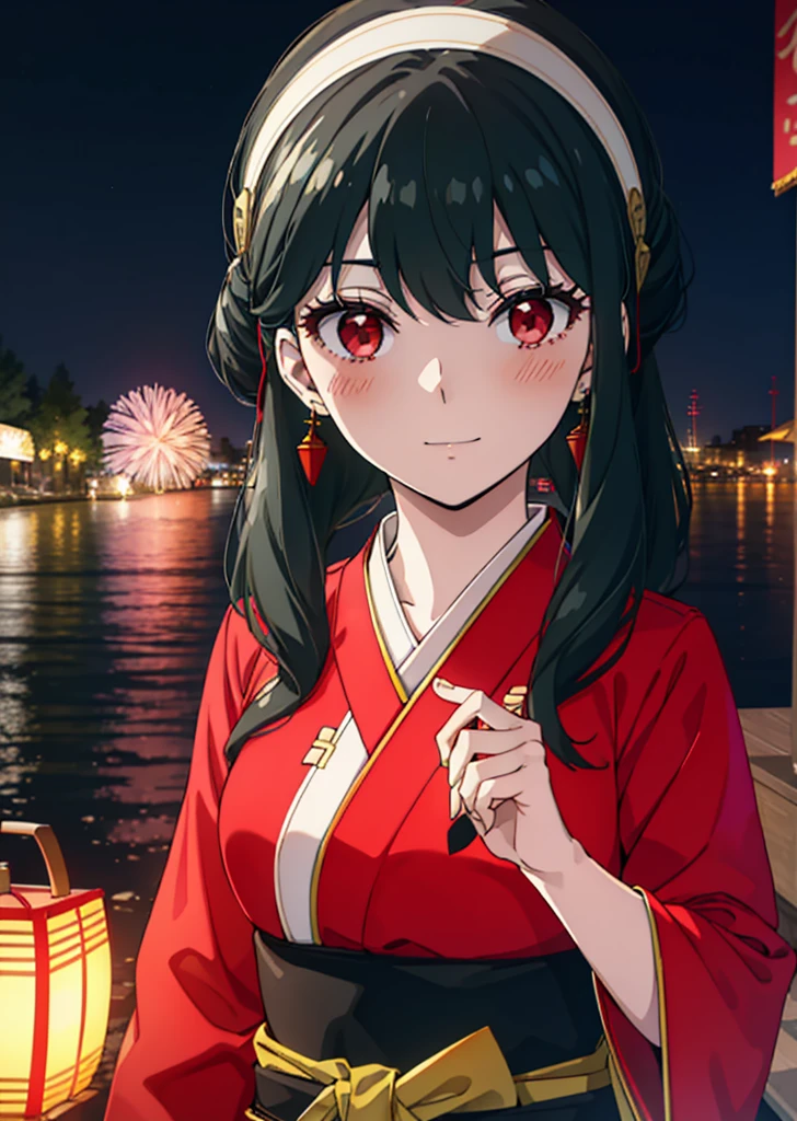 Yorbraia, Yor Briar, Black Hair, (Red eyes:1.5), Earrings, gold hair band, hair band,,smile,blush, Long Hair, Side Lock, (Mid-chest:1.2),Flower Hair Ornaments,black kimono,The place is a fireworks display,Time is night,Japanese Festivals，Summer festival food stalls、Red lantern　　　　　　　break　outdoors,shrine,
break looking at viewer, whole body,
break (masterpiece:1.2), Highest quality, High resolution, unity 8k wallpaper, (shape:0.8), (Beautiful attention to detail:1.6), Highly detailed face, Perfect lighting, Extremely detailed CG, (Perfect hands, Perfect Anatomy),