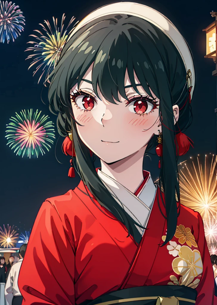 Yorbraia, Yor Briar, Black Hair, (Red eyes:1.5), Earrings, gold hair band, hair band,,smile,blush, Long Hair, Side Lock, (Mid-chest:1.2),Flower Hair Ornaments,black kimono,The place is a fireworks display,Time is night,Japanese Festivals，Summer festival food stalls、Red lantern　　　　　　　break　outdoors,shrine,
break looking at viewer, whole body,
break (masterpiece:1.2), Highest quality, High resolution, unity 8k wallpaper, (shape:0.8), (Beautiful attention to detail:1.6), Highly detailed face, Perfect lighting, Extremely detailed CG, (Perfect hands, Perfect Anatomy),