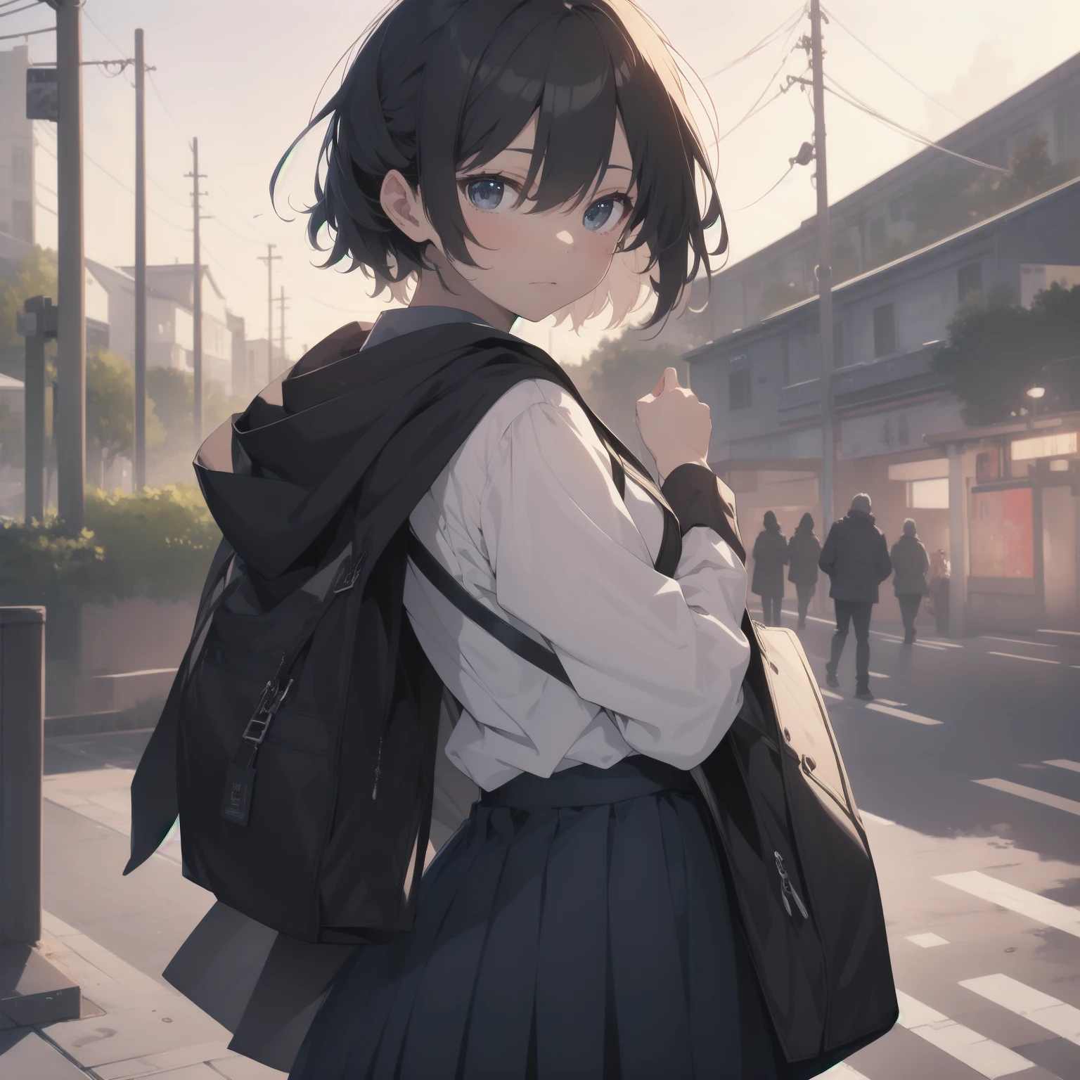 ultra-absurdres-Top quality by artist God, ultra-detailed, high resolution, anime moe artstyle, best anime 8k konachan wallpaper, pixiv contest winner, pool:2810, perfect anatomy,break, 1girl, (Please draw a girl walking sleepily to school alone. )break,(Solo,little female, 13-year-old:1.3),Full limbs, complete fingers,a junior high school student, (very short hair), short cut, flat chest, , small butt, small black eyes, beautiful detailed eyes, well-proportioned iris and pupils, expressive eyes, highres detailed hair, soft expression, salor school_uniform, sailor collar, serahuku, bow, pleated skirt,(Detailed Lighting), (Detailed background), in the School commute route. break,super detailed skin, Best cinematic lighting powered by famous artist, 8k,beauty illustration,photoshop_(medium),very aesthetic,break,((artist:kotorai )), artist:clamp ,artist:carnelian ,artist:kantoku ,