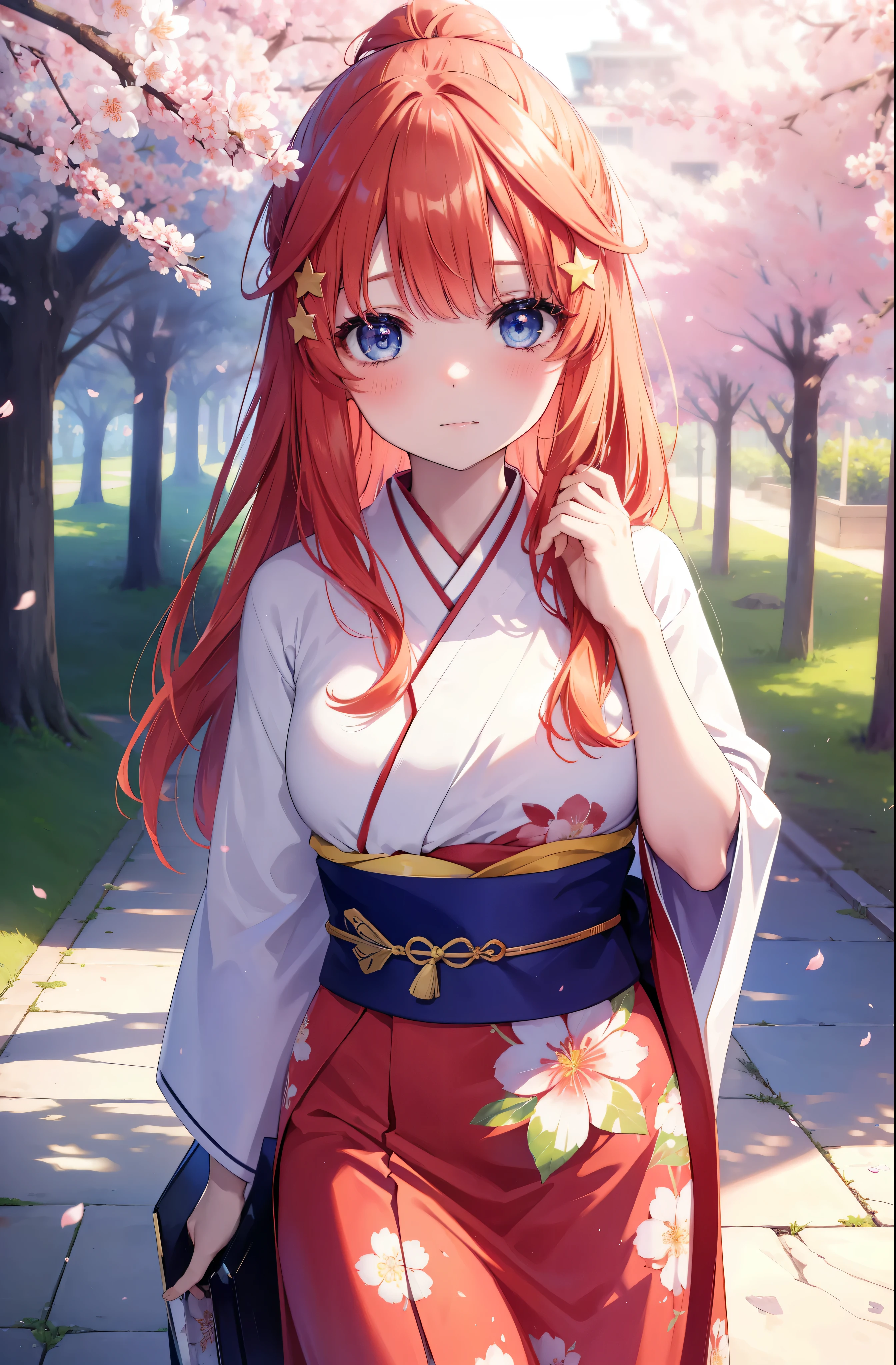 five center field, Itsuki Nakano, Bangs, blue eyes, Hair between the eyes, Ahog,hair tied back,,long hair, redhead, Star \(symbol\), hair accessories, Star hair accessories,Smile,blush,Gorgeous red floral pattern kimono,long skirt,White foot bag,Saori cherry blossoms in bloom,cherry blossoms scattered,Sakura Boulevard,
rest outdoors, garden,
rest (masterpiece:1.2), best quality, High resolution, unified 8k wallpaper, (digit:0.8), (Delicate and beautiful eyes:1.6), Highly detailed face, Perfect lighting, Very detailed CG, (perfect hands, perfect anatomy),