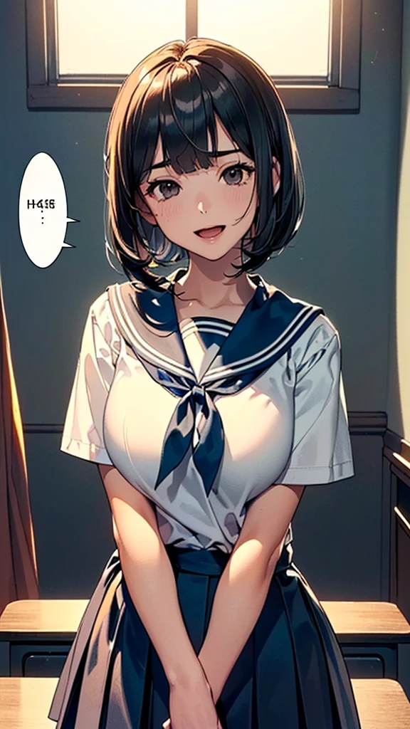 (loli:1.38),(14 Years Old:1.68),(young Woman:1.66),(Masterpiece:1.21),(FHD),(16K),(Top Quality:1.24),(Super Resolution),(Super Illustration),(Best Shadow),(High Quality),(Super Detail:1.15), Elaborate,(1 Woman),(Japanese girl:1.1),(black hair:1.21),(big breasts:1.13),(middle hair, bob cut, straight hair, copper tone hair, swept bangs, brown eyes, drooping eyes, big eyes, long eyelashes), (Very dark room:1.76)),(((Middle School))),(Classroom in),((white Sailor uniform, white blouse, navy ribbon,black pleated skirt,white socks,black loafers)),(cartoon speech bubble:1.33),(open one's mouth:1.22),(to talk:1.2), (lovely smile, upper eyes),(upper body:1.76)