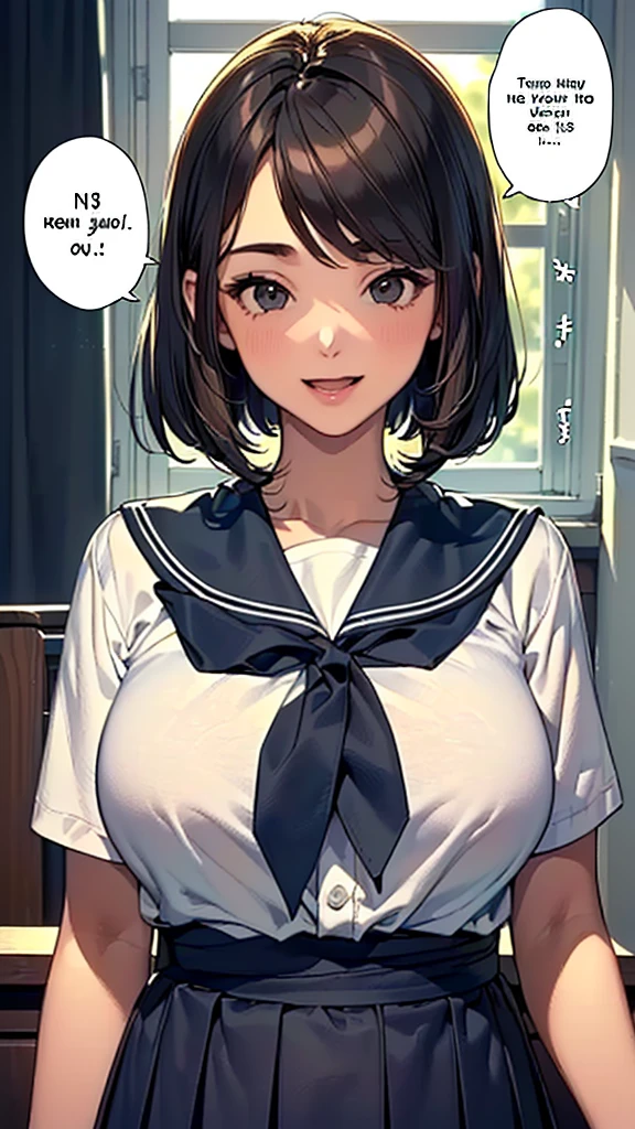 (:1.38),(14 Y8),(young Woman:1.66),(Masterpiece:1.21),(FHD),(16K),(Top Quality:1.24),(Super Resolution),(Super Illustration),(Best Shadow),(High Quality),(Super Detail:1.15), Elaborate,(1 Woman),(Japanese girl:1.1),(black hair:1.21),(big breasts:1.13),(middle hair, bob cut, straight hair, copper tone hair, swept bangs, brown eyes, drooping eyes, big eyes, long eyelashes), (Very dark room:1.76)),(((Middle School))),(Classroom in),((white Sailor uniform, white blouse, navy ribbon,black pleated skirt,white socks,black loafers)),(cartoon speech bubble:1.33),(open one's mouth:1.22),(to talk:1.2), (lovely smile, upper eyes),(upper body:1.76)