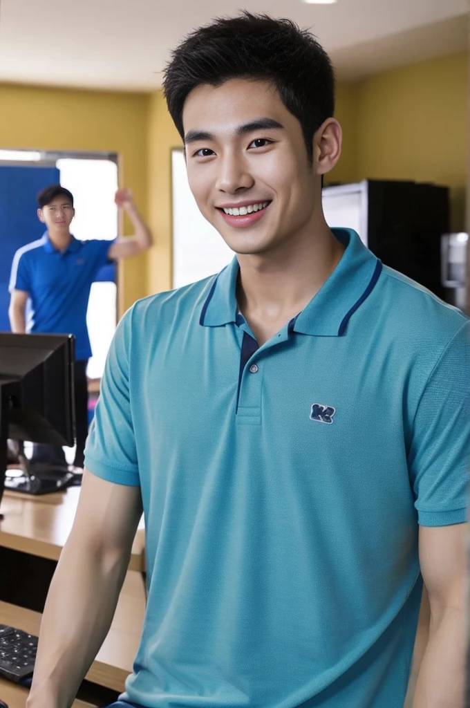Korean man, Inspiration from Peng Yuyan, 23 years old, Korean muscular man ，The computer room is in the back, tight polo shirts., open mouth smile