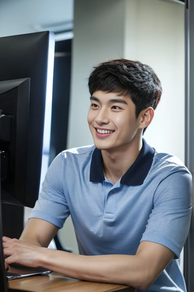 Korean man, Inspiration from Peng Yuyan, 23 years old, Korean muscular man ，The computer room is in the back, tight polo shirts., open mouth smile