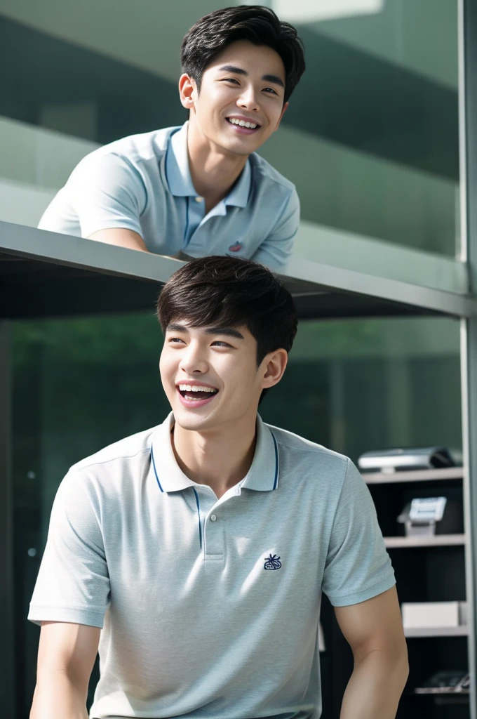 Korean man, Inspiration from Peng Yuyan, 23 years old, Korean muscular man ,The computer room is in the back, tight polo shirts., open mouth smile
