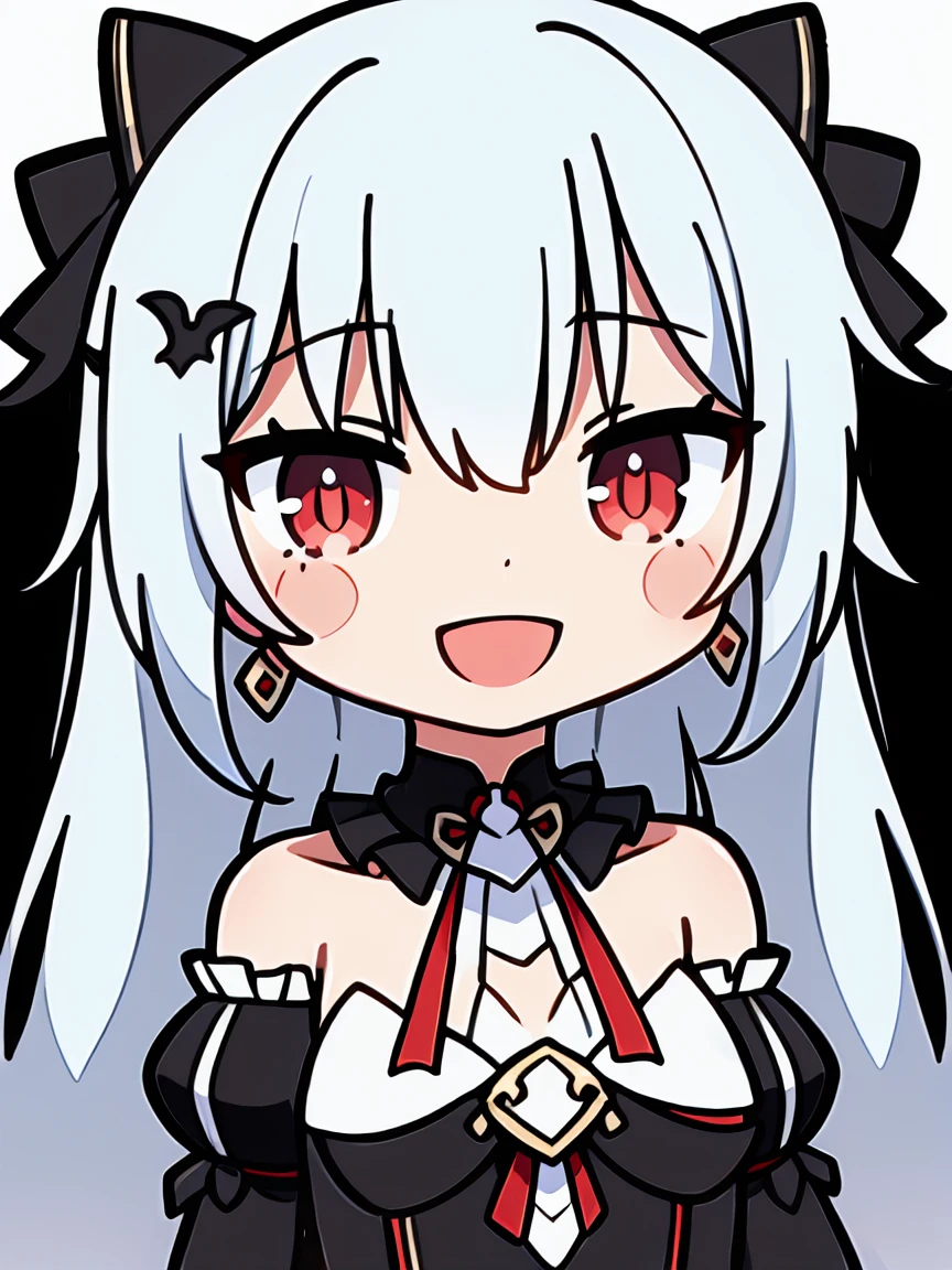 masterpiece, best quality, ultra-detailed,chibi, blush stickers, (chibi:1.4), simple background, upper body, standing, (looking at viewer,open mouth smile:1.1), ((1girl)), dayuexia, theresa apocalypse, earrings, detached collar, standing