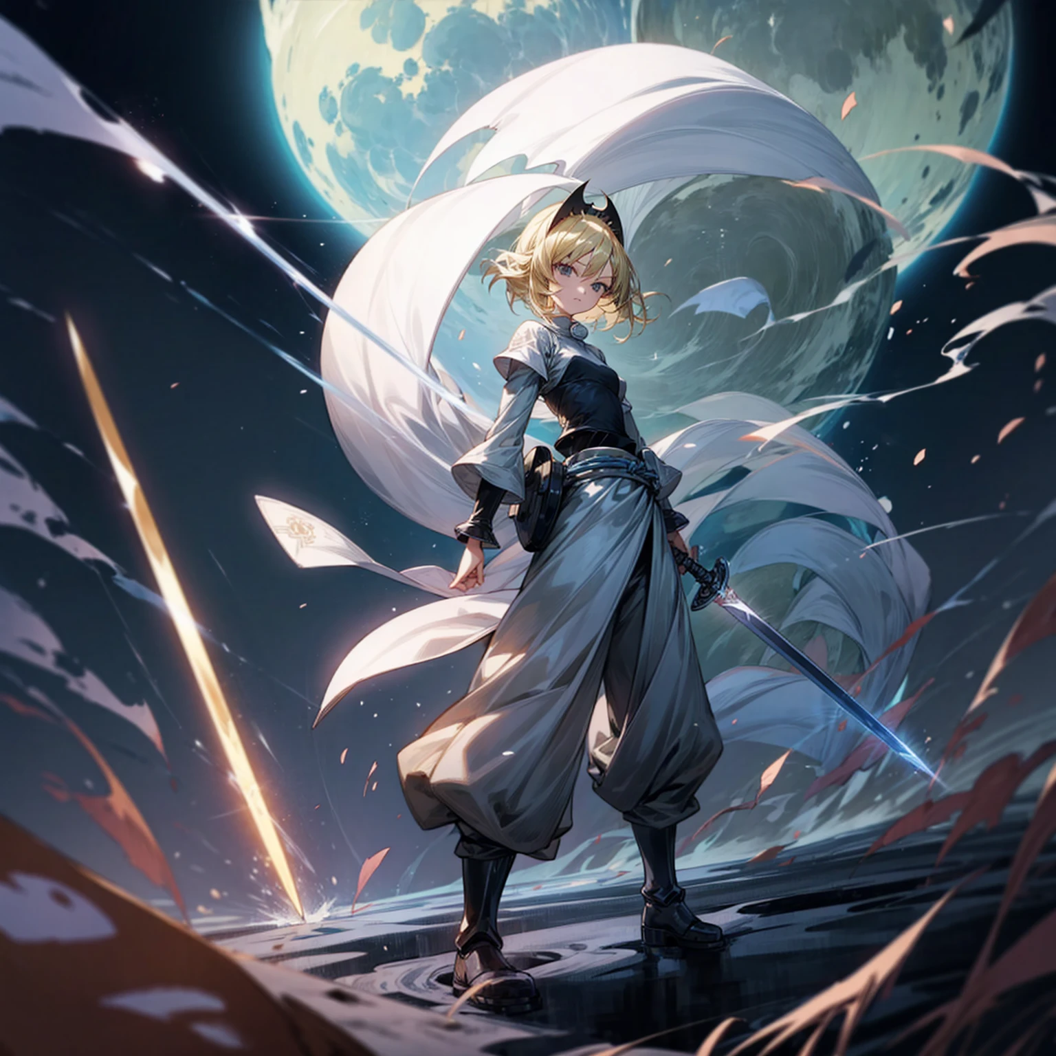 1girl, Full body version, 1character, black eyes, long Frizzy haircut, blonde colour hair, soldier knight clothing, long pants, headband, armors, boots, Grassroots, full background in field, motion blur, lighting, (one piece art), standing poses, sword in hand, lighting effect on sword, lighting blue on sword, fire effect, plasma effect, smoke effect moon, Moonlight, high angle view