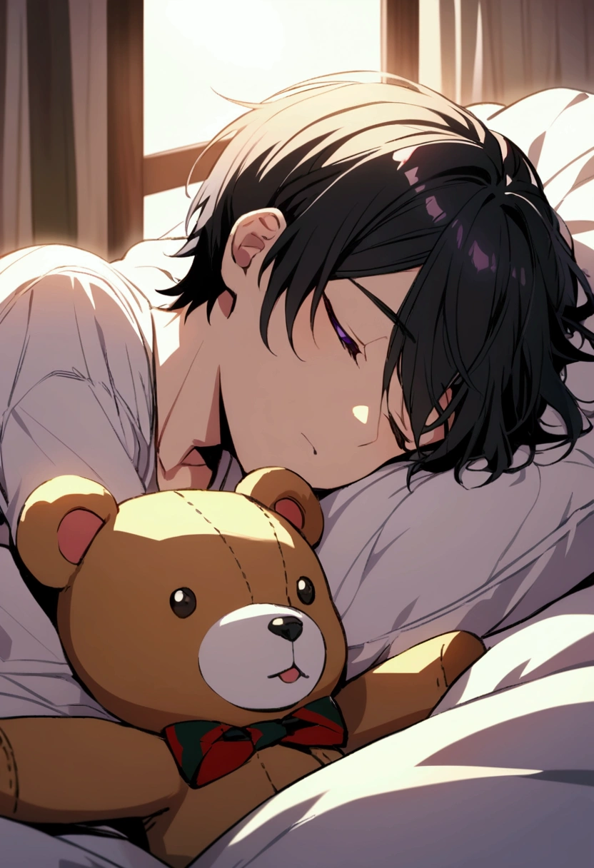 Anime boy with black hair and purple eyes sleeping with a Teddy Bear